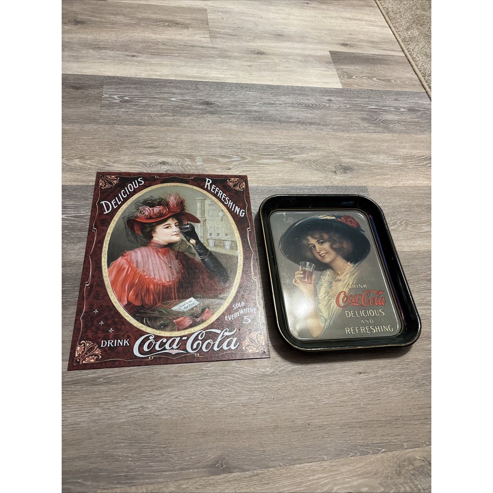 Vintage Coca-Cola 1914 Betty Girl Tray & Desperate Enterprises Sign Cottagecore